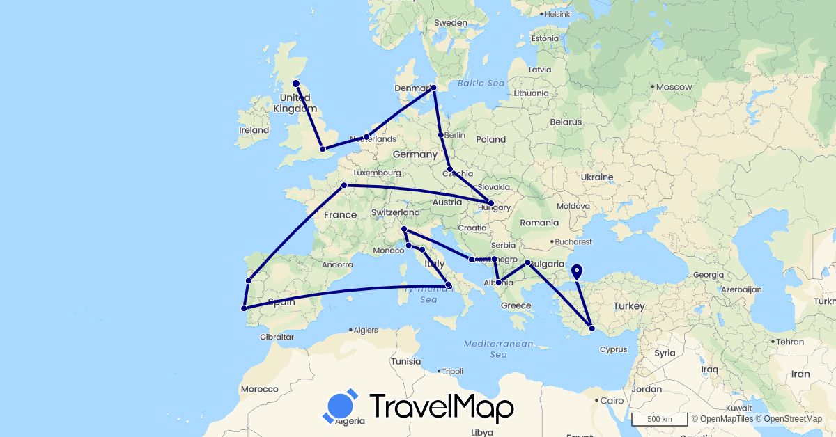 TravelMap itinerary: driving in Albania, Bulgaria, Czech Republic, Germany, Denmark, France, United Kingdom, Croatia, Hungary, Italy, Montenegro, Netherlands, Portugal, Turkey (Asia, Europe)